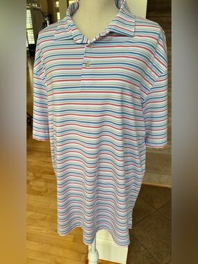 Peter Millar Summer Comfort Multi-Stripe Polo in White, Blue, aqua, tan and rust